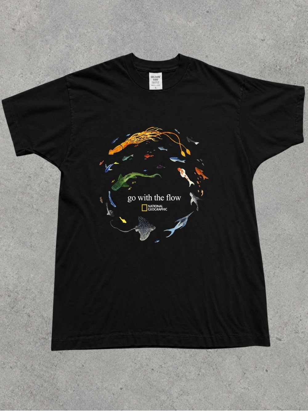 Gildan Black Tee with Colorful Circular Fish
Graphic